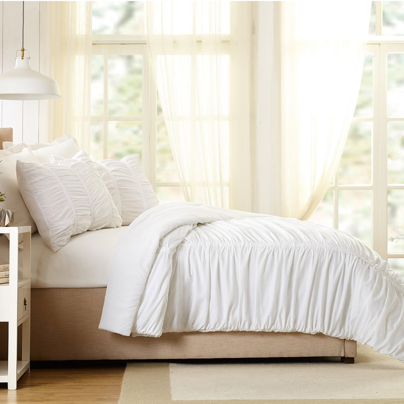 Emily Ruched Solid Textured Comforter Set, White, Twin/Twin XL Comforter + 1 Standard Sham