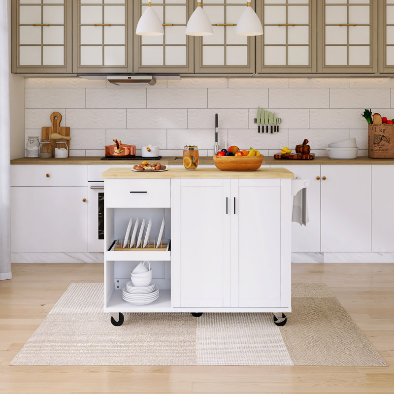 49" Drop-Leaf Countertop Kitchen Cart With Spice Rack & Towel Rack, White