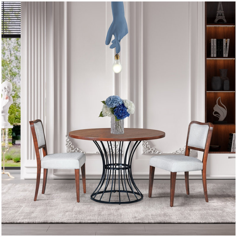 Ensemble de salle à manger rond 42 pouces avec table en placage de chêne et 2 chaises rembourrées, Brown/Black, Beige/Brown