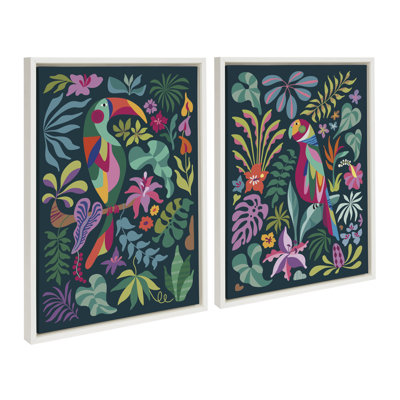 «Tropical Parrot and Tropical Toucan» par Rachel Lee, ensemble de 3 toiles encadrées