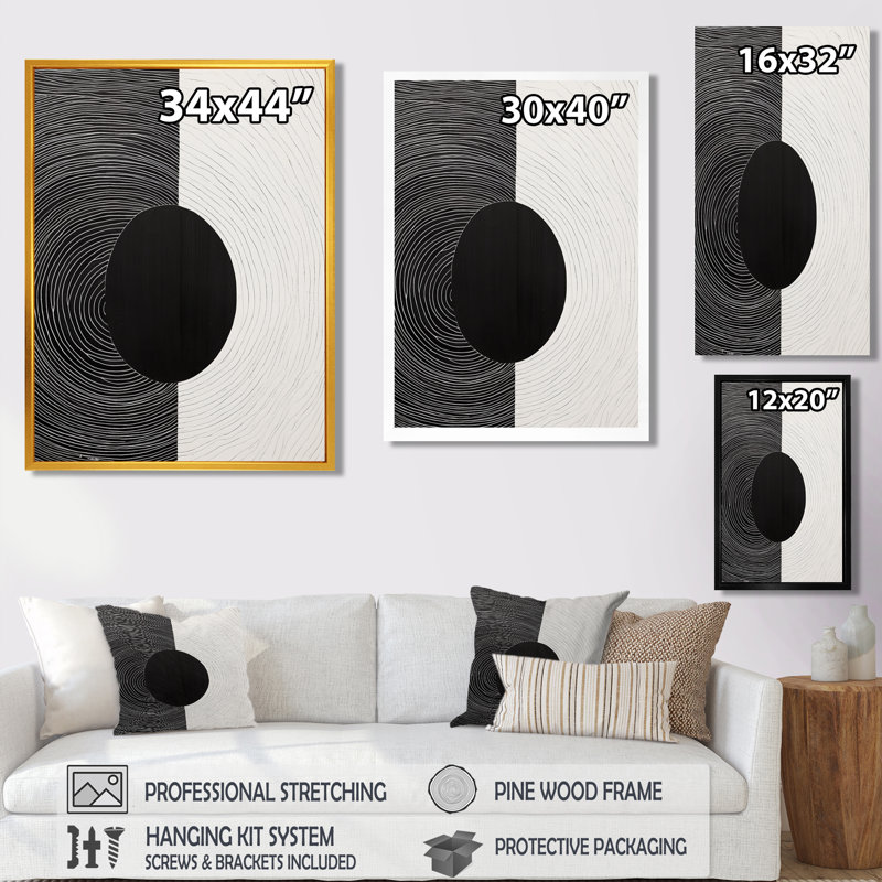 Équilibre, noir, blanc, Minimal Concentric - impression d'art mural paysage minimaliste, Toile avec cadre flottant brun