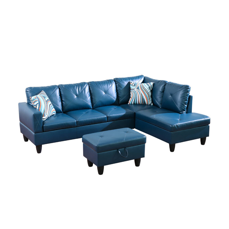 Halid Wide Sofa & Chaise with Ottoman, Left Hand Facing, Faux Leather Navy Blue