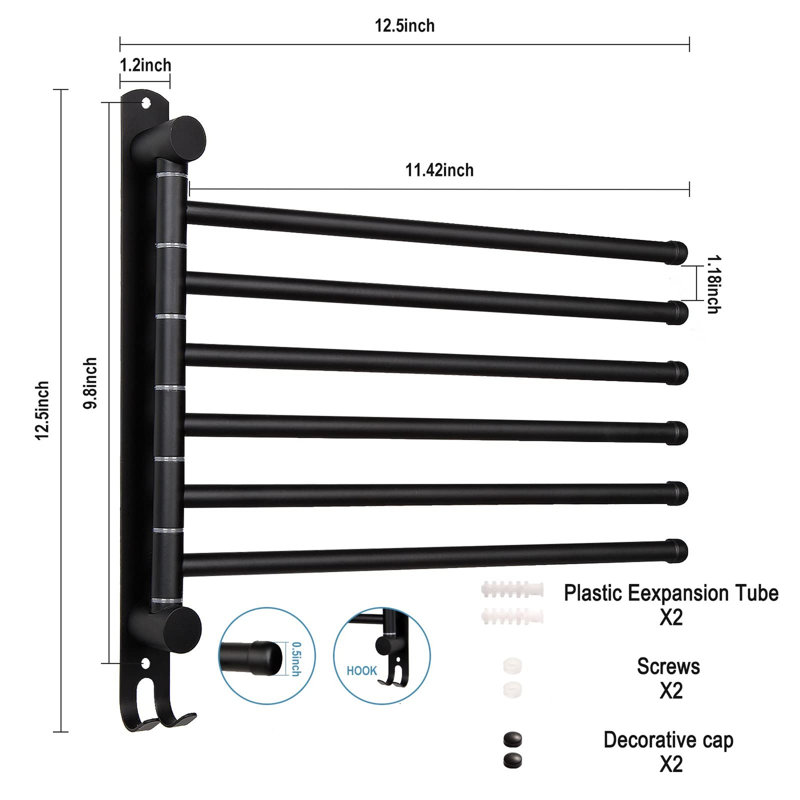 Porte-serviettes rotatif à 6 bras, porte-serviettes pivotant à 180 °, Black