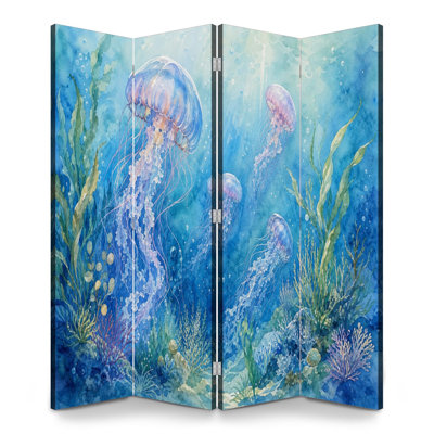 4 panneaux de paravent pliant paravent Royal coloré scène sous-marine méduse style aquarelle de toile séparateur de pièce séparateur de protection autoportant cloison d'intimité pour salle de bain