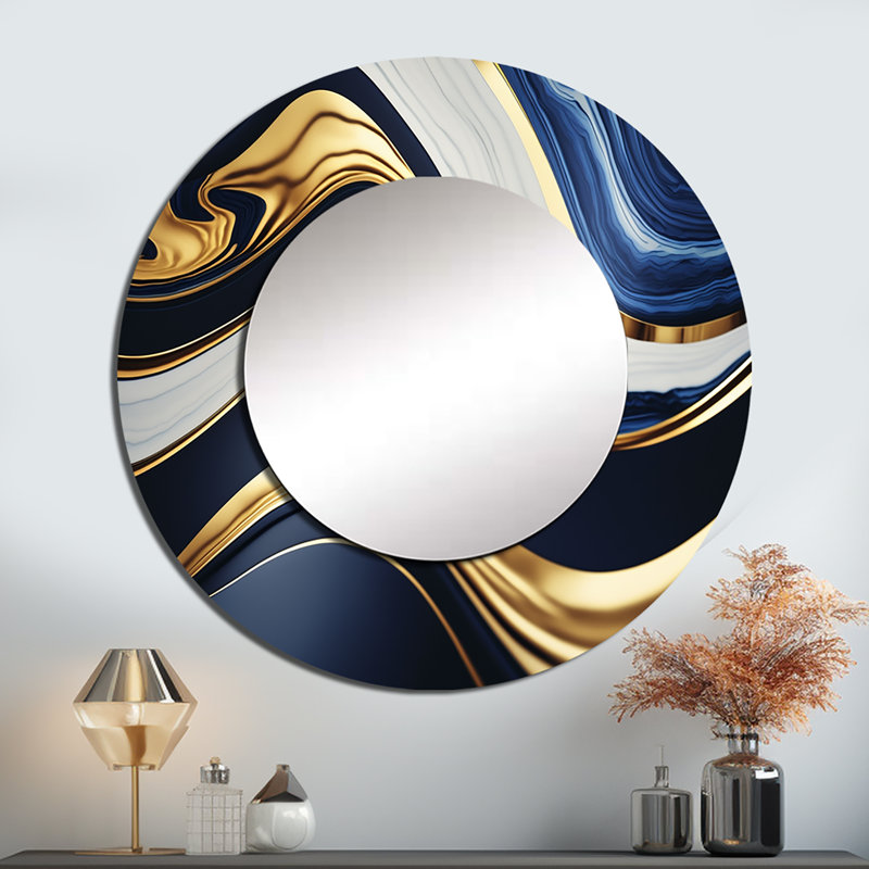 Omaira abstrait géométrique vagues bleues et dorées V - miroir décoratif abstrait, miroir mural rond moderne, art imprimé en métal