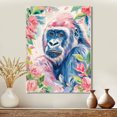 «Pink Blue Gorilla Portrait Blooms I», impression d'art mural Gorillawall