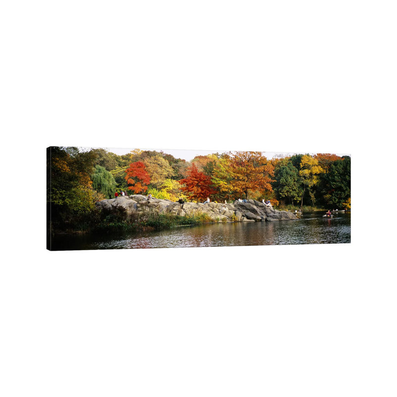 Group Of People Sitting On Rocks, Central Park, Manhattan - Wrapped Canvas Panoramic Print