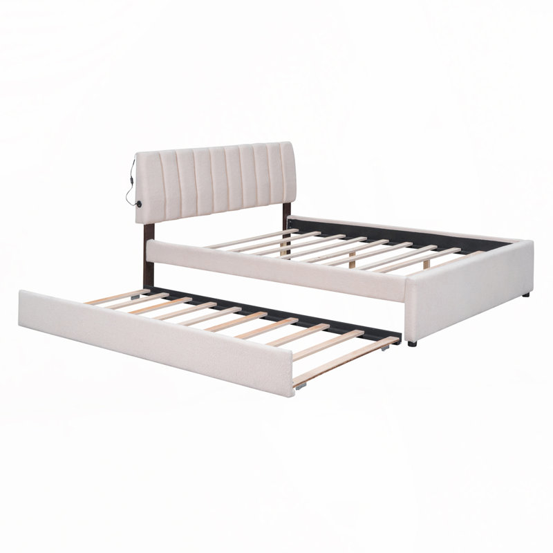 Teddy Fleece Upholstered Bed with Trundle, Beige, Queen