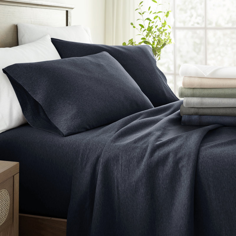 4 Piece 100% Cotton Jersey Knit Sheet Sets, Navy, Twin Sheet Set + 1 Fitted Sheet + 1 Pillowcase