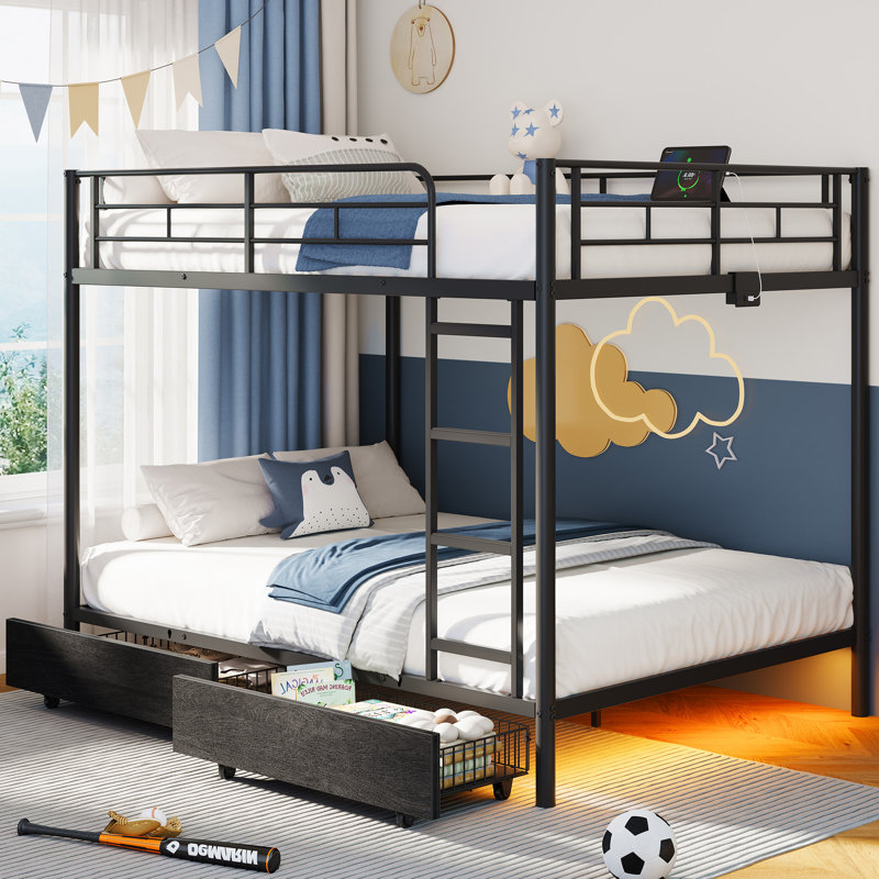  Lit superposé en métal avec station de charge USB, lumières à DEL RVB, barrières de sécurité - Assemblage facile, aucun sommier nécessaire