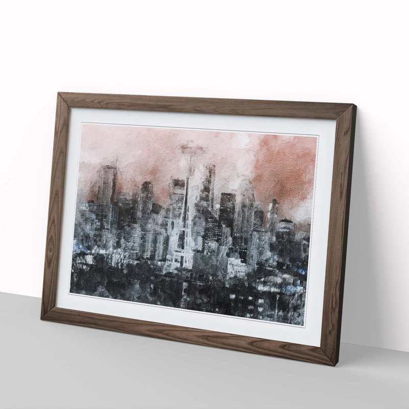 Seattle Washington Skyline in Abstract - Picture Frame Painting Print, 36cm H x 48cm W x 2cm D, Walnut Framed