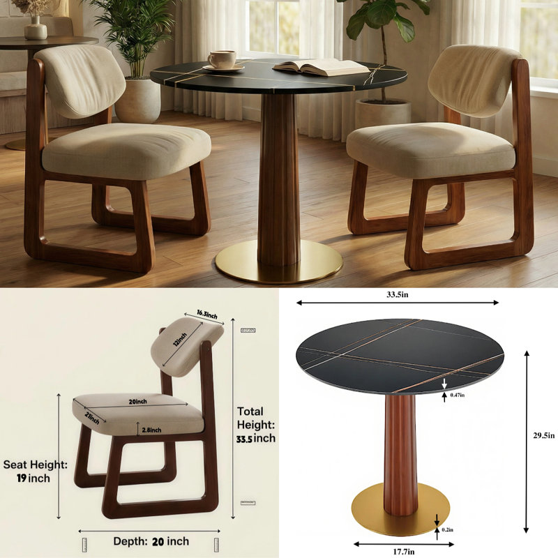 Ensemble de table de salle à manger 33,5 pouces moderne avec plateau en pierre, piédestal en bois massif et chaises réglables rembourrées