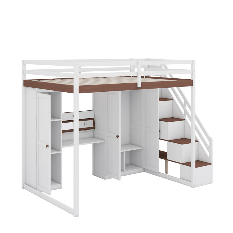 Full Size Loft Bed With Storage Staircase,Built-In Dressing Table With Mirror And Drawer, Wardrobe & Cabinets, USB Charging Ports And Lights