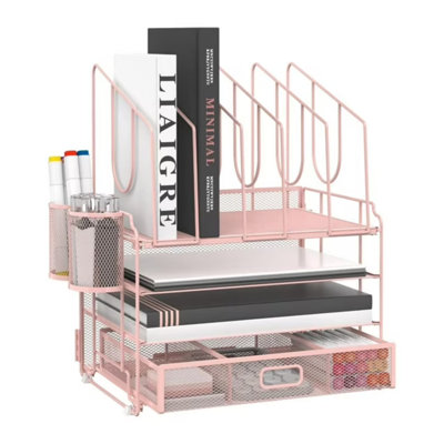 4-Tier Mesh Desk Organizer With Drawer, Desktop Organizer With 5 Vertical File Holders And 2 Pen Holders