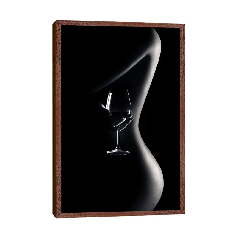 Nude Woman Red Wine 3 by Johan Swanepoel - Print on Canvas, 66.04 cm H x 45.72 cm W, Classic Brown Wood Framed Canvas