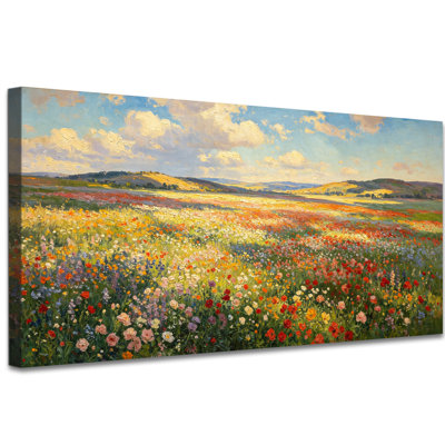 Art mural rétro sur toile paysage de prairie fleurie, décoration murale champ de fleurs sauvages pour salon ou chambre à coucher, œuvre d'art tendue avec châssis, prête à être suspendue, (12 po x 24 po)