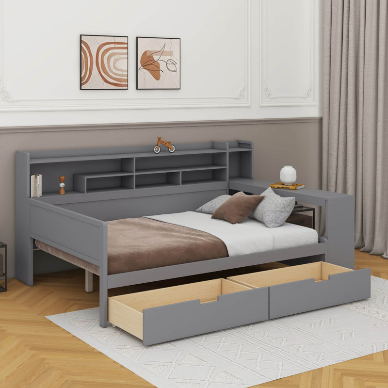 Lit de jour double avec tablettes, tiroirs et bureau d'étude, gris