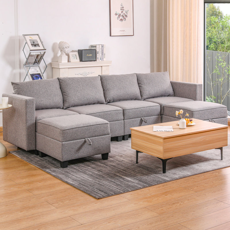 Convertible Modular Sectional Sofa with Storage, U-Shaped 4-Seat Couch, Reversible Chaise, Dark Grey Fabric, Dark Gray Fabric
