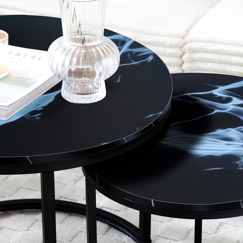 2 pièces, tables basses rondes à dessus noir, motif en marbre, appartement, salon, stable et bien construit de 2, look industriel moderne, chambre à coucher, assemblage rapide