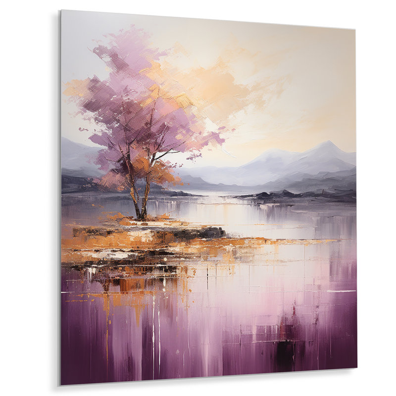 Paysage de montagne mauve et doré IV - Paysage abstrait, H 32 po x l 24 po x P 1 po