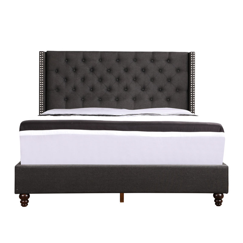 Grand lit confortable avec tête de lit - H 50 po x l 66 po x P 86 po, tissu noir, rembourrage en mousse, cadre, tête de lit transitionnelle robuste à assembler