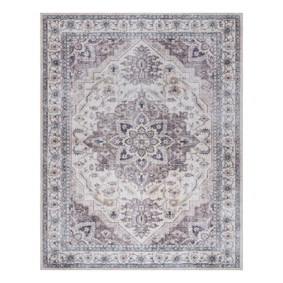 Samira Tiefi Grey Ivory Multi Machine Washable Traditional Medallion Indoor Area Rug, Flat Pile for Living Room & Bedroom - Grey, 6x9