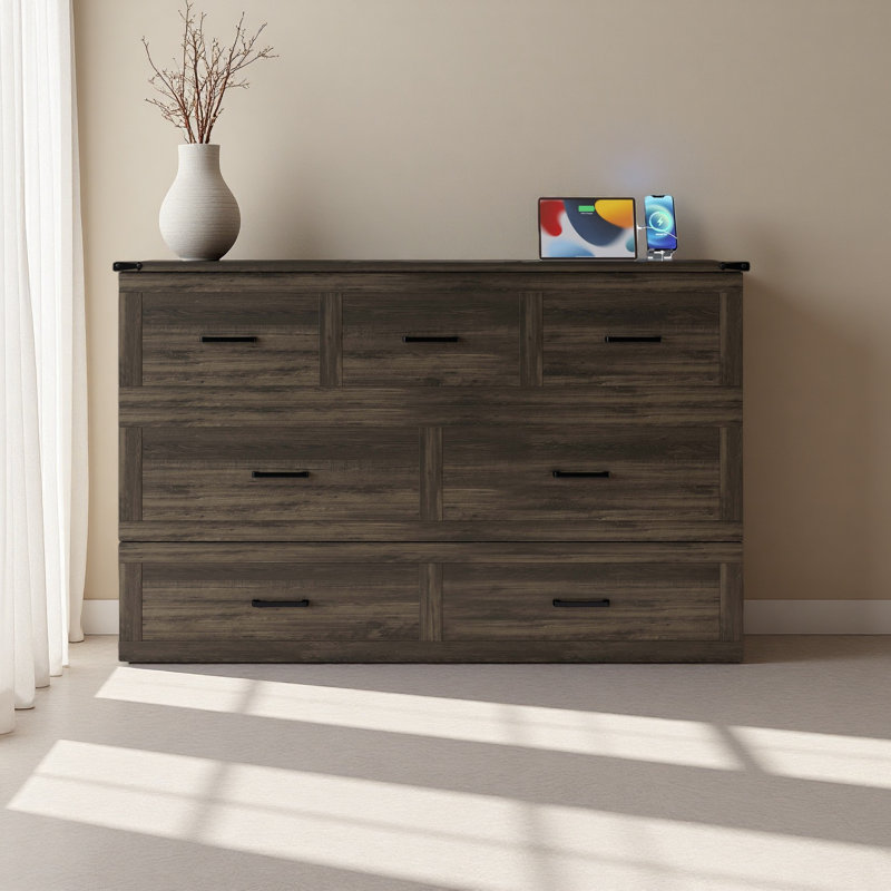 Armoire lit escamotable Murphy avec station de charge, lit plateforme pliable multifonctionnel avec 1 grand tiroir de rangement pour chambre d'amis, petite chambre