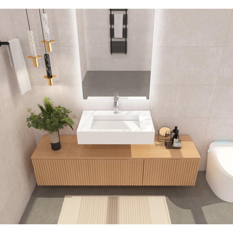 Lavabo de salle de bain mural rectangulaire 36 po Pyramid - fini marbre blanc mat avec trou pour robinet, Simple