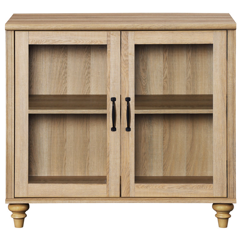 End Table For Bedroom With 2 Glass Doors, Mid Century Modern Wooden Closet Storage Organizer, Oak