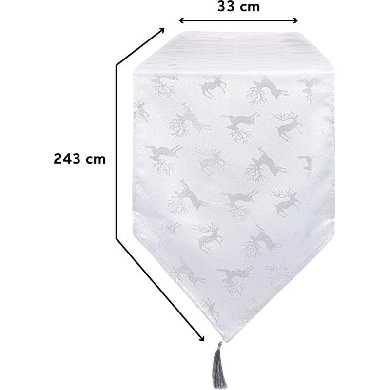 Christmas Deer Design Table Runner 13in, 33cm W x 243cm L, White/Silver