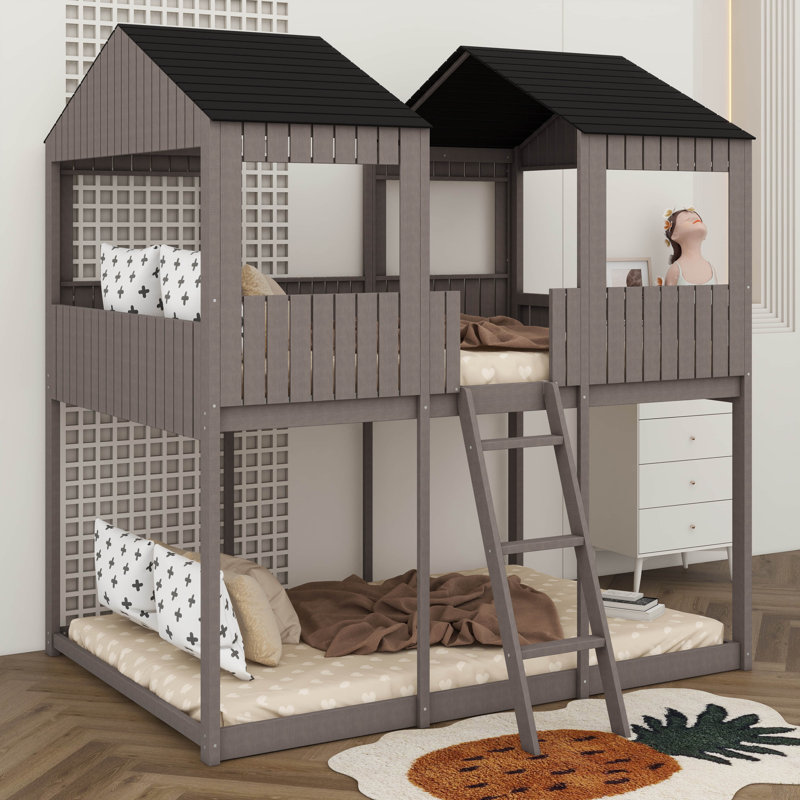 Élégant lit superposé double en bois avec élément de conception de plafond intégré, Gris