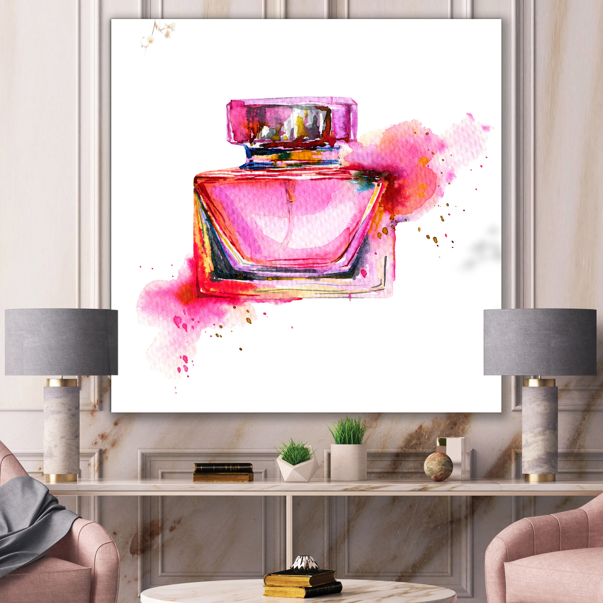 Stupell Industries Pink Fashion Watercolor Cosmetic Perfume Bottle Designer  Glam Framed On Wood by Ziwei Li Print