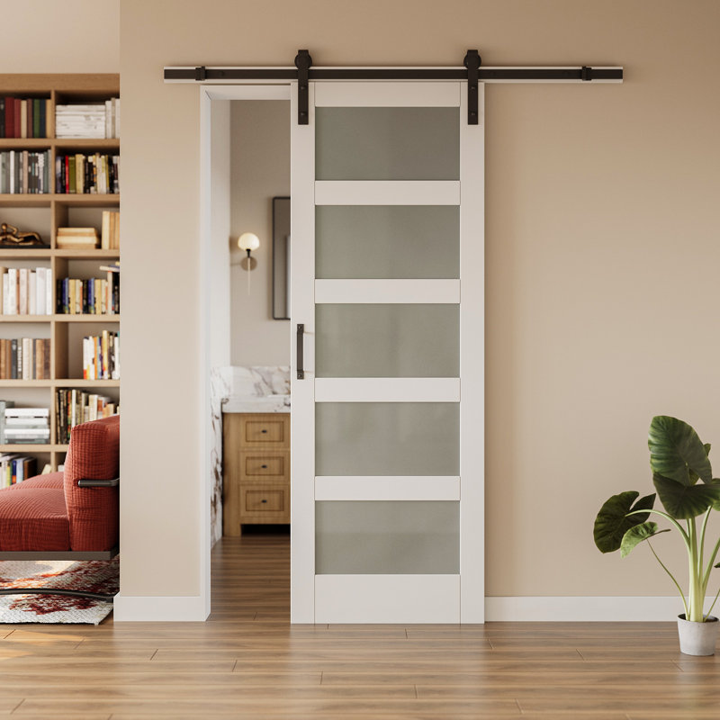 Porte de grange coulissante en verre 36 po x 96 po avec surface finie, toute la quincaillerie d'installation et la fermeture en douceur sont incluses, peut être repeinte, aucun assemblage requis