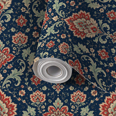 Papier peint auto-adhésif à motif floral damassé rouge crème vert auto-adhésif et amovible 17,7 po x 118 po (45 x 300 cm)