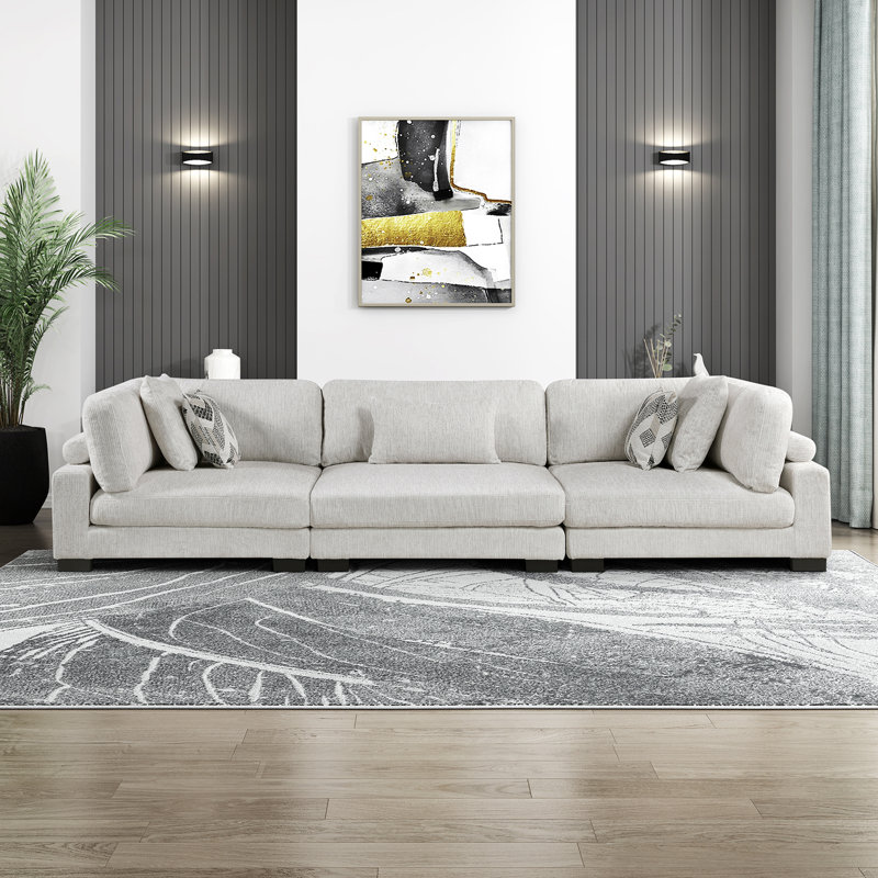 Brinsley 135" Modern Modular Sofa with Microfiber Fabric, Reversible Cushions, 5 Pillows, Beige Microfiber