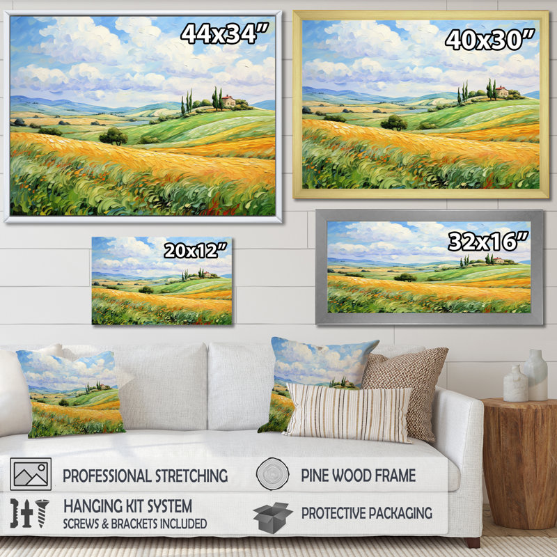 Van Gogh, reproduction d'art sur toile, "Rolling Hills I", H 34 po x l 44 po x P 1,5 po, Encadrement argenté