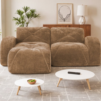 Boneless L-Shaped Modular Sectional Sofa with Ottoman, Soft Velvet Tufted Design, 32D High-Density Boneless Sponge, No Assembly Required for Living Room, Anti-Slip Bottom