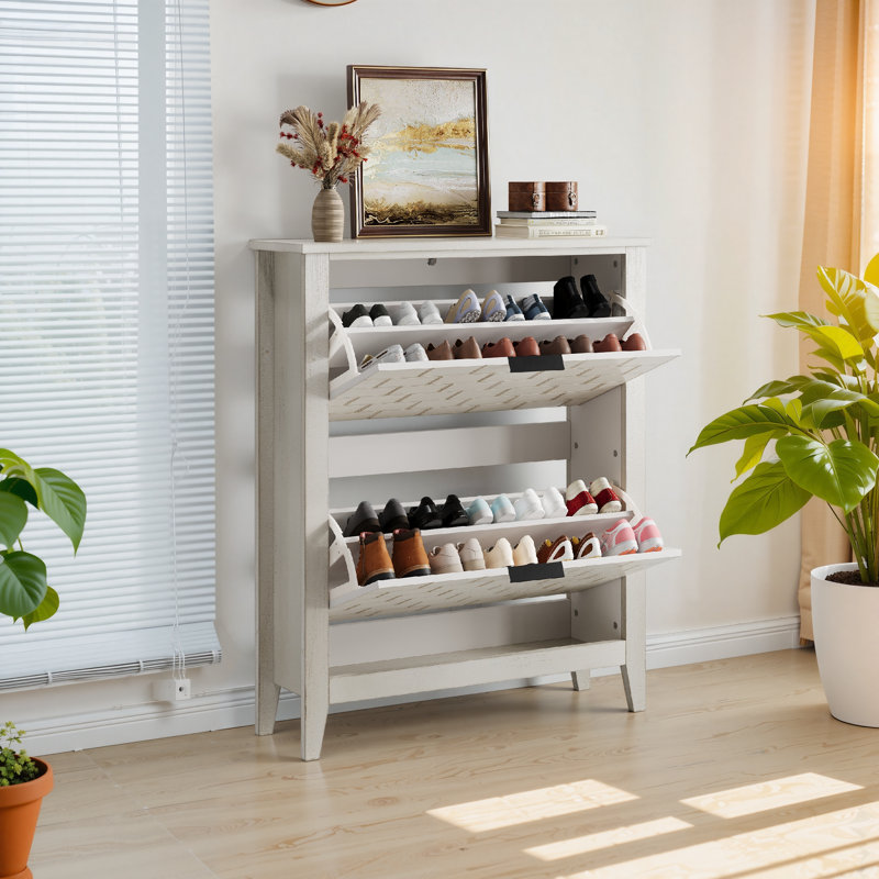 Armoire à chaussures avec 2 tiroirs rabattables, range-chaussures autoportant avec pieds en bois
