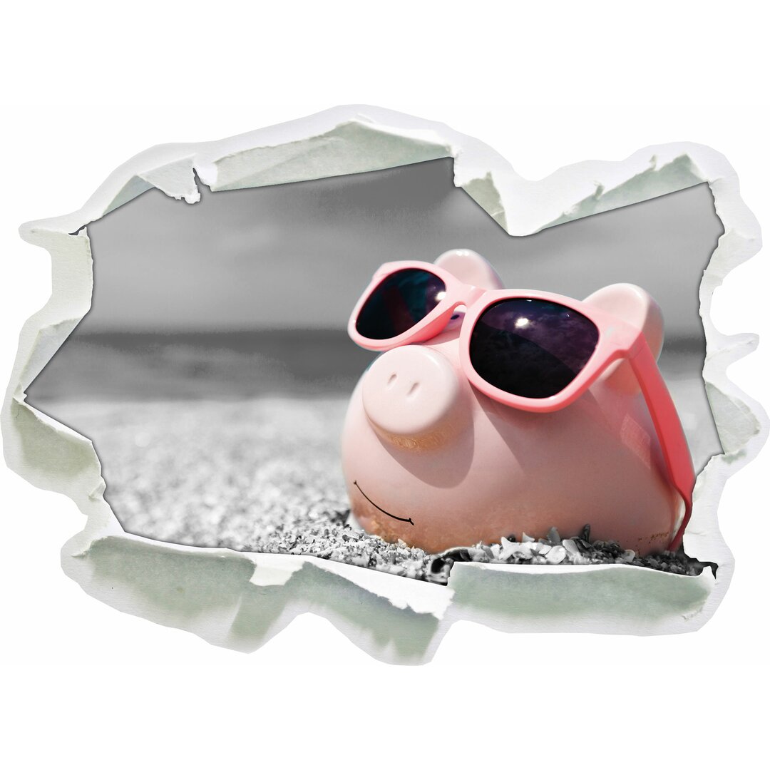 Cooles Sparschwein mit Sonnenbrille am Strand Wandaufkleber