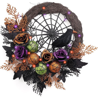  Couronne d'Halloween pour porte d'entrée avec lumières, roses pré-éclairées de 18 pouces, toile d'araignée, ornements de couronne, décorations d'Halloween pour la maison, centre de table, fenêtre, intérieur, décoration murale de fête