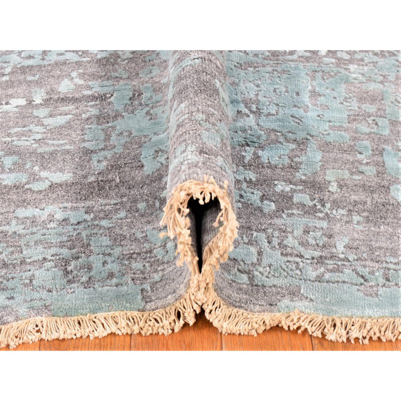 Tapis oriental carré 12 po x 12 po argenté, motif persan cassé avec couleurs délavées, laine et soie nouées à la main CA32101A06A1454E94D249F92CD13DE3