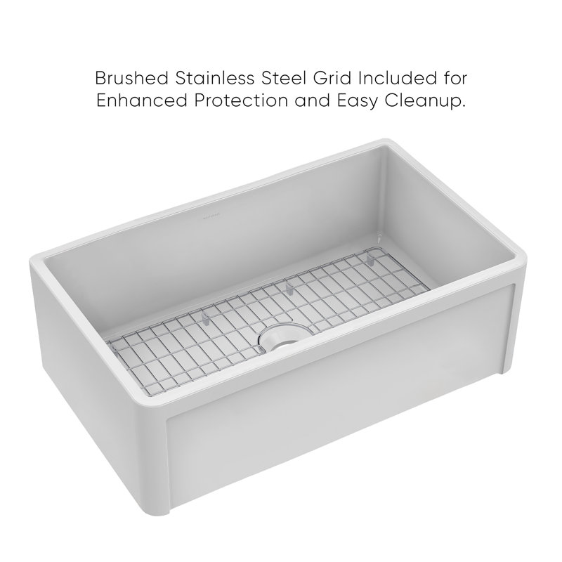 Whitehaus Collection Reversible Fireclay Kitchen Sink with Grid: Three Edge Frame, Plain Front Apron, 10" H x 30" L x 18" W