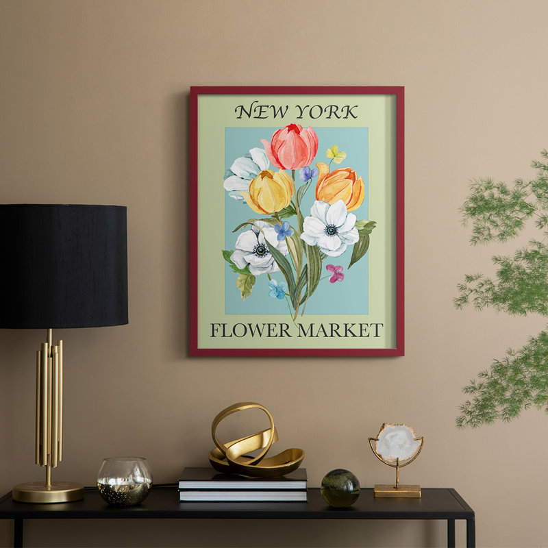 New York Flower Market, reproduction encadrée - bois massif, H 21 po x l 17 po, Rouge