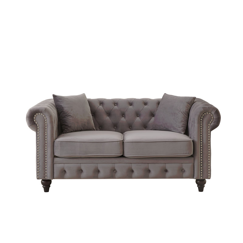 FX 63.5" Modern Design Chesterfield Sofa, Velvet Sofa Button Design Living Room Sectional Sofa, Button Tufted With Nail Design Arms With 2 Pillows, Upholstered Fabric And Wood Legs