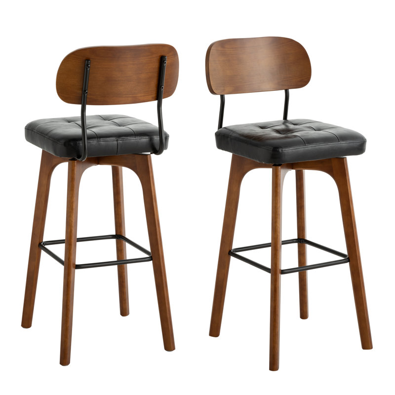 Ikhlas Swivel Bar Stool, 2, Bar Stool (30" Seat Height), Black Seat/Brown Frame