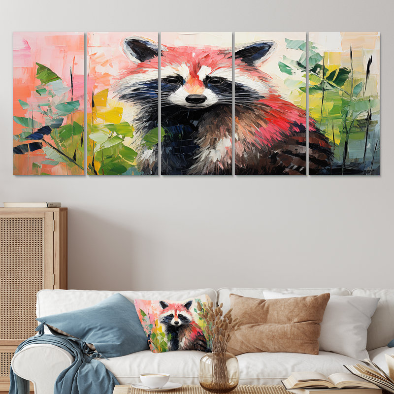 «Black and Green Raccoon Flower II - Raton laveur», ensemble de 5 décorations murales, H 28 po x l 60 po