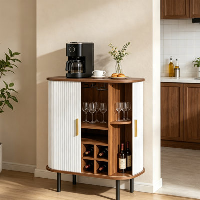 28" Fluted Bar Cabinet With Sliding Tambour Doors & Adjustable Shelves - Coffee And Wine Storage Buffet For Kitchen,Dining,Or Living Room