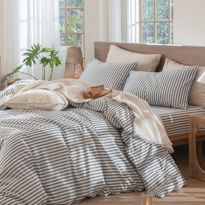 MooMee Striped Duvet Cover Set 100% Washed Cotton Linen Like Textured, Classic Stripes - Dark Gray/White