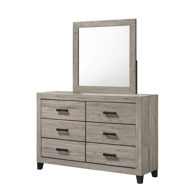 Ensemble de chambre à coucher grand lit transitionnel gris clair 4 pièces avec lit à panneau à chevrons, commode, miroir et table de chevet en bois massif et bois aggloméré