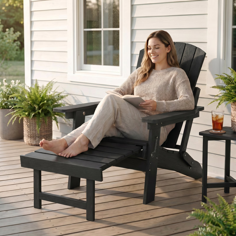  HDPE Outdoor Folding Adirondack Rocking Chair With Retractable Ottoman, Black